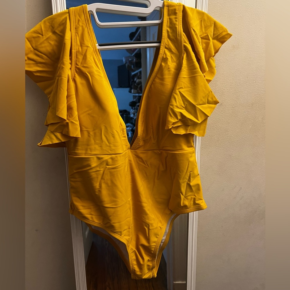 Yellow Ruffled One Piece Swimsuit with Belt (SIZE XL)